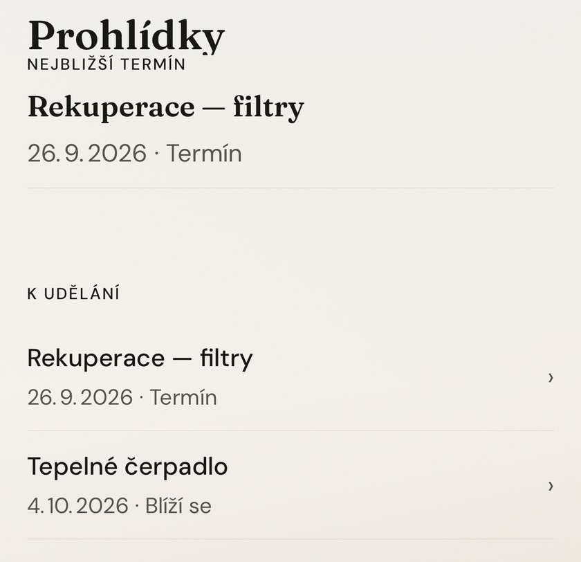 Obrazovka Prohlídky v Cudivu: nejbližší termín „Rekuperace — filtry“, v seznamu k udělání také tepelné čerpadlo.