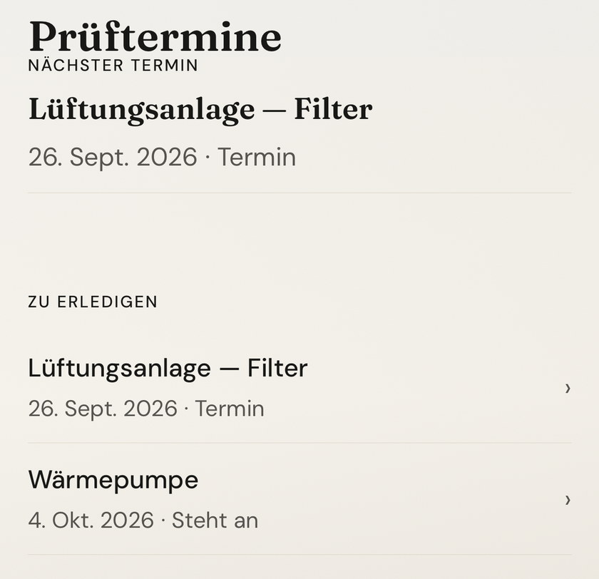 Prüftermine in Cudivo: als nächster Termin der Filter der Lüftungsanlage, auf der Liste darunter auch die Wärmepumpe.