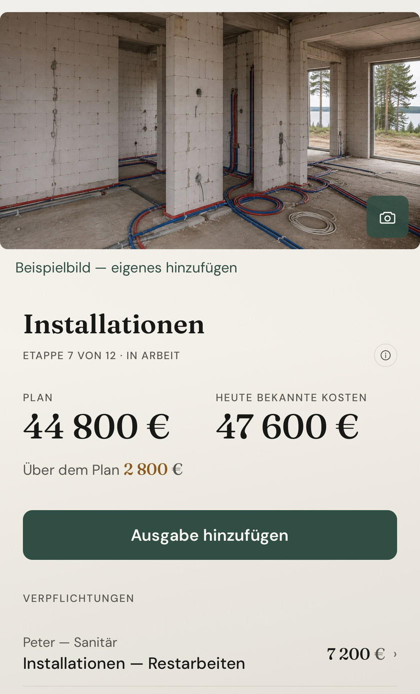 Etappenbildschirm „Installationen“ in Cudivo: Etappe 7 von 12 in Arbeit, Plan und heute bekannte Kosten, Verpflichtung gegenüber dem Sanitärbetrieb.