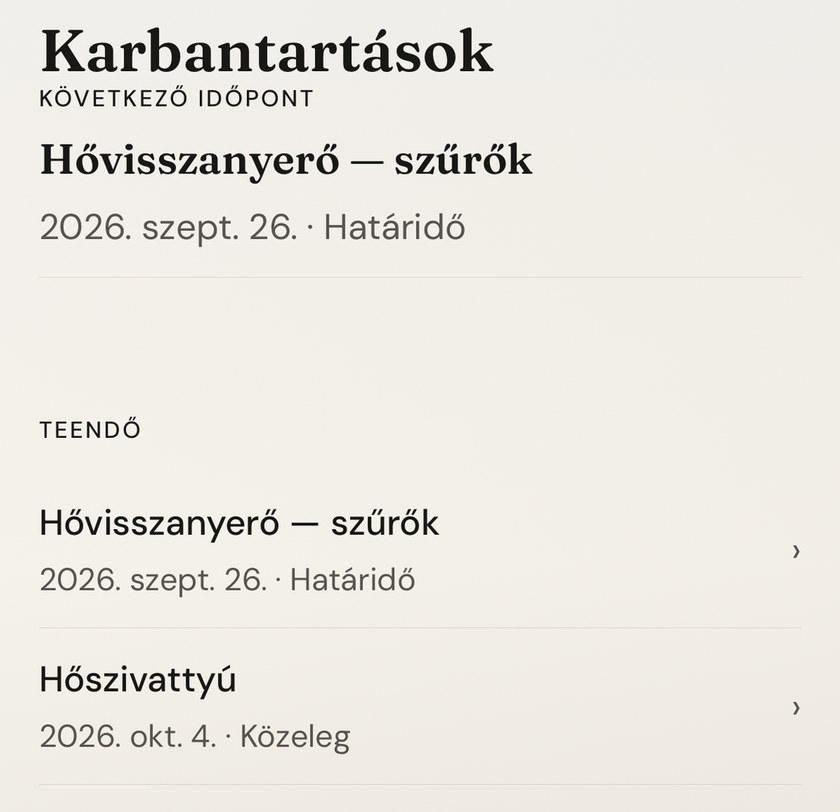 A Cudivo Karbantartások képernyője: a következő időpont a hővisszanyerő szűrőcseréje, a teendők között a hőszivattyú is szerepel.