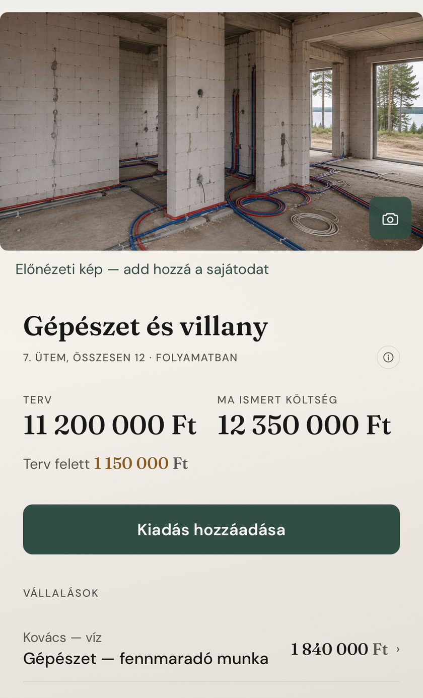 A Cudivo „Gépészet és villany” ütemképernyője: a 12-ből a 7. ütem folyamatban, terv és ma ismert költség, vállalás a vízszerelővel.