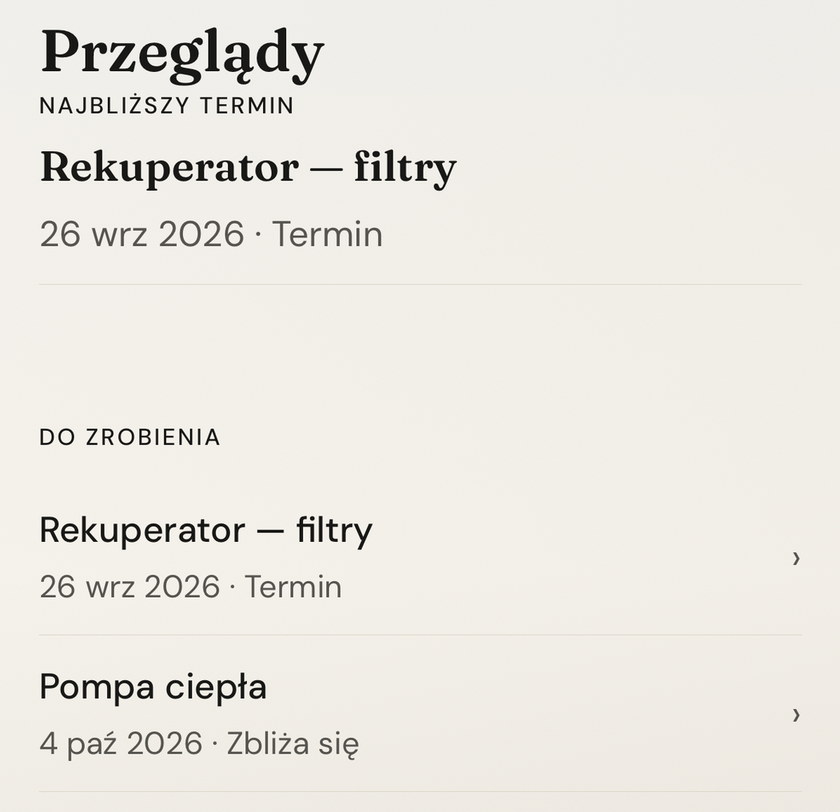 Ekran Przeglądy w Cudivo: najbliższy termin to filtry rekuperatora, a na liście do zrobienia jest też pompa ciepła.