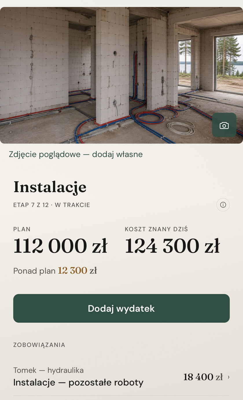 Ekran etapu Instalacje w Cudivo: etap 7 z 12 w trakcie, plan i koszt znany dziś, zobowiązanie wobec hydraulika.