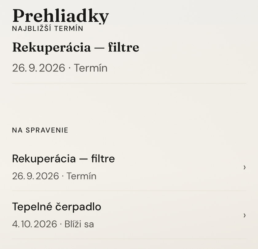 Obrazovka Prehliadky v Cudive: najbližší termín „Rekuperácia — filtre“, v zozname na spravenie aj tepelné čerpadlo.