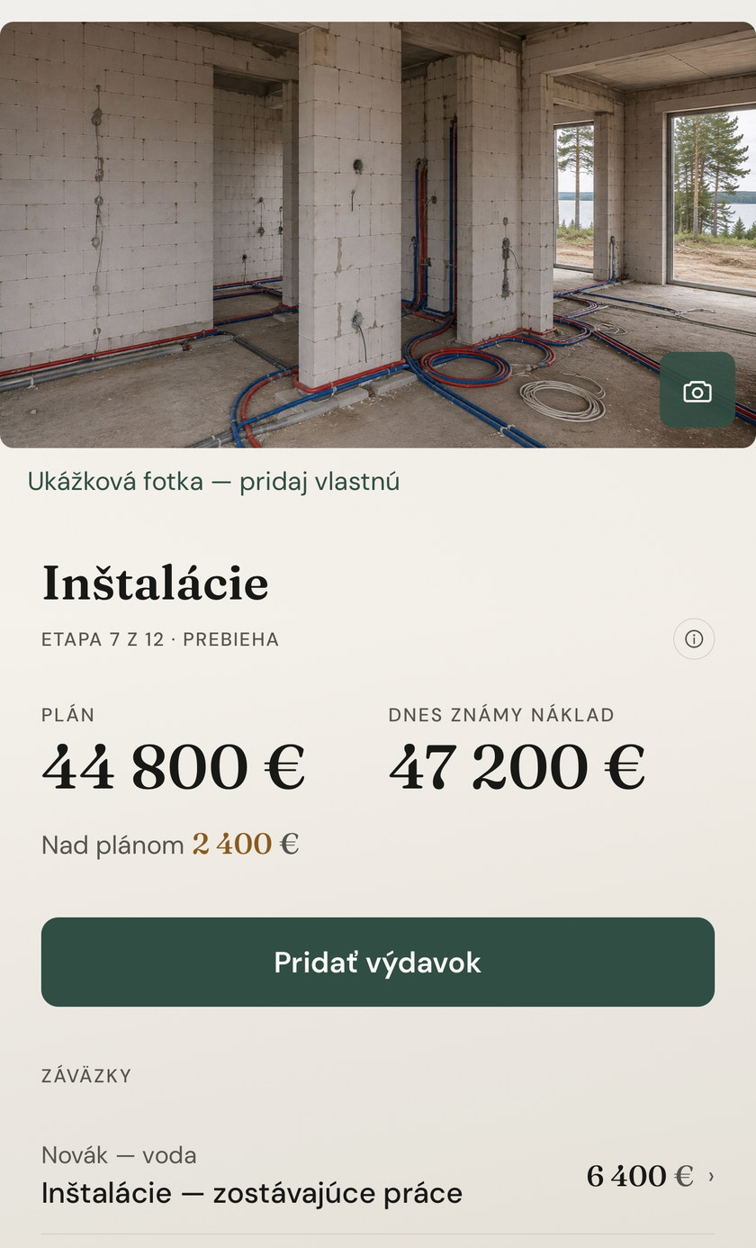Obrazovka etapy Inštalácie v Cudive: etapa 7 z 12 prebieha, plán a dnes známy náklad, záväzok voči inštalatérovi.